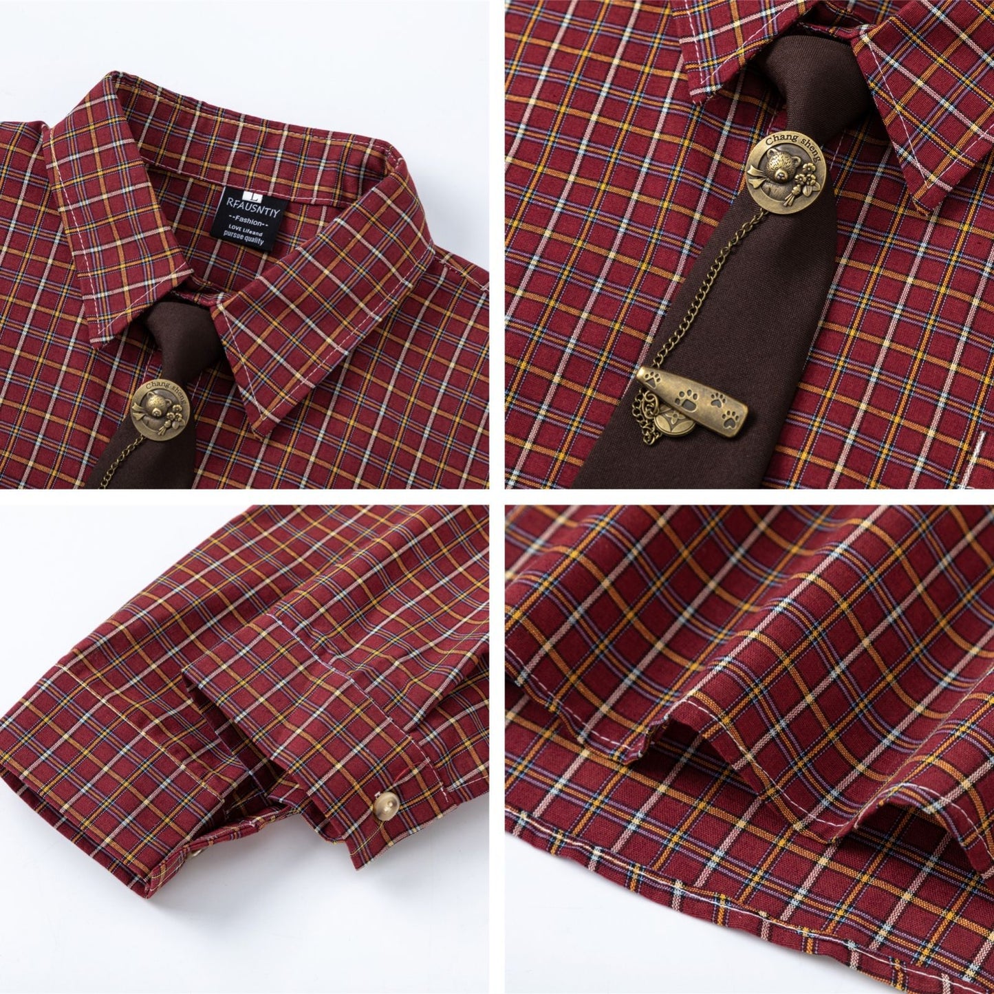 College Style Plaid Tie Long Sleeve Shirt