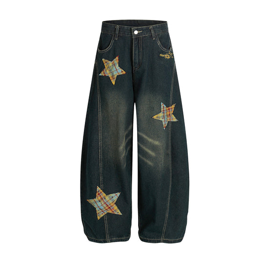 Retro Curved Knife Denim Wide Leg Pants with Star Embroidery