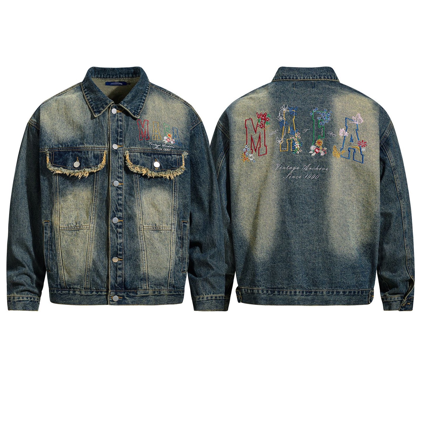 Style Washed Denim Jacket with Colorful Letter Embroidery