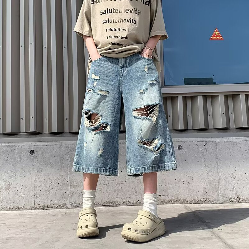 Ripped Denim Short Loose Casual Washed Cropped Pants