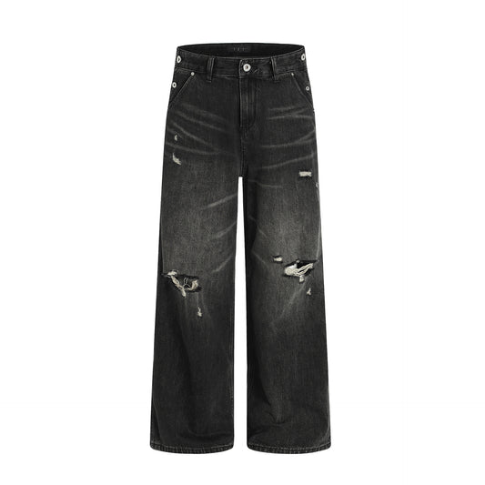 Washed Loose Fit Dark Destroyed Straight Leg Wide Leg Casual Long Pants