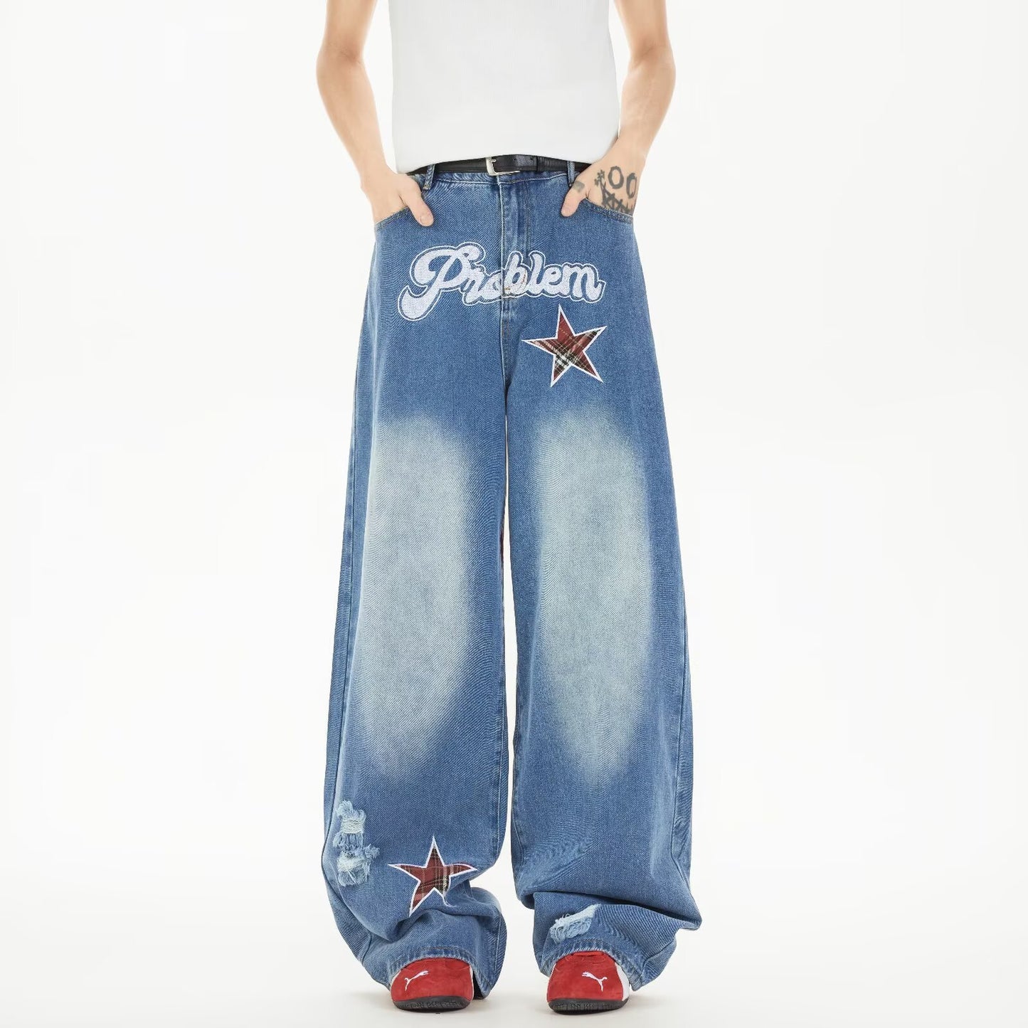 Star Embroidered Cowboy Loose Wide Leg Casual Pants