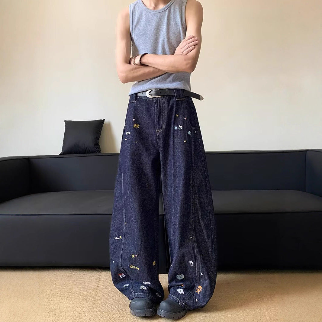 Retro Cartoon Embroidered Curved Knife Jeans