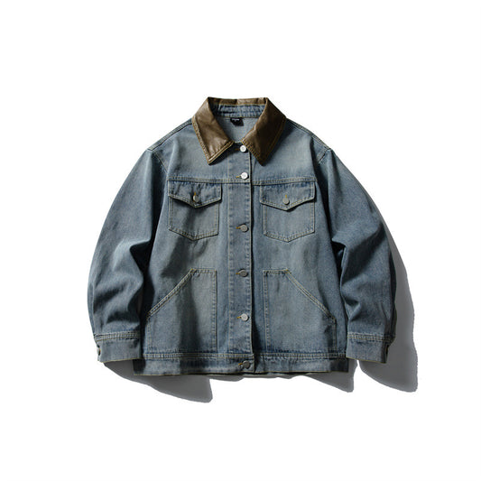 Block Turn-Down Collar Denim Jacket - Unisex BF Trendy Outerwear