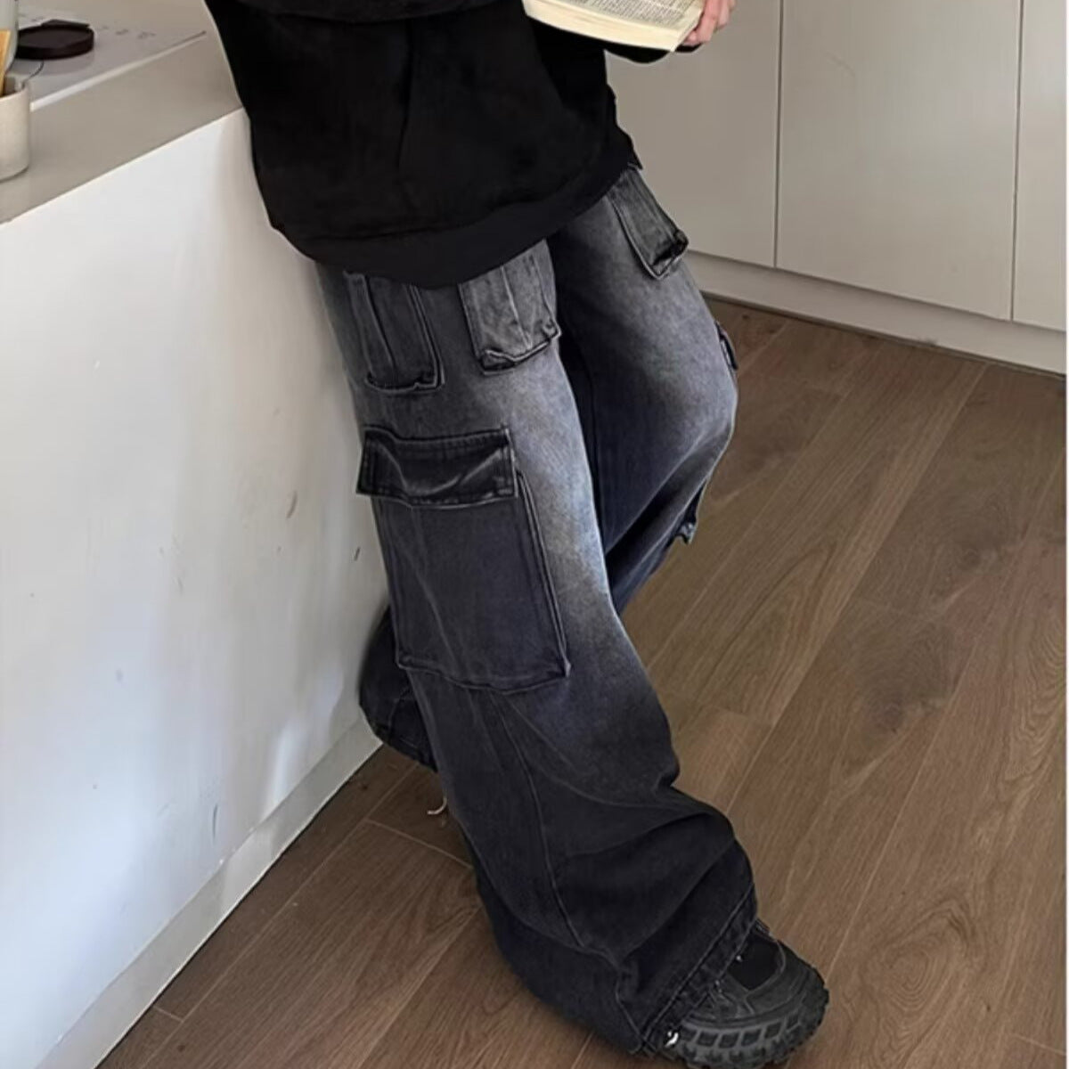 Multi Pocket Straight Leg Wide Leg Pants