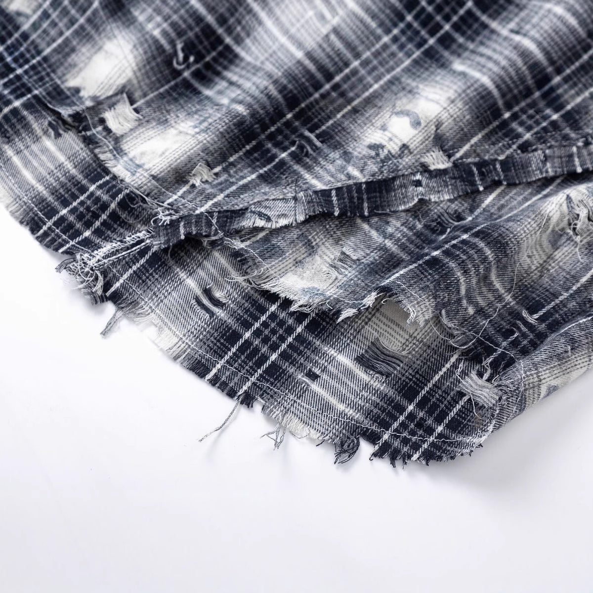 Retro Street Distressed Patchwork Plaid Long Sleeve Shirt for Men - Oversized Loose Casual Design Top