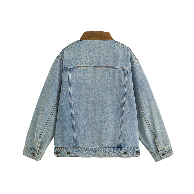 Color-Blocked Turn-Down Collar Casual Denim Jacket