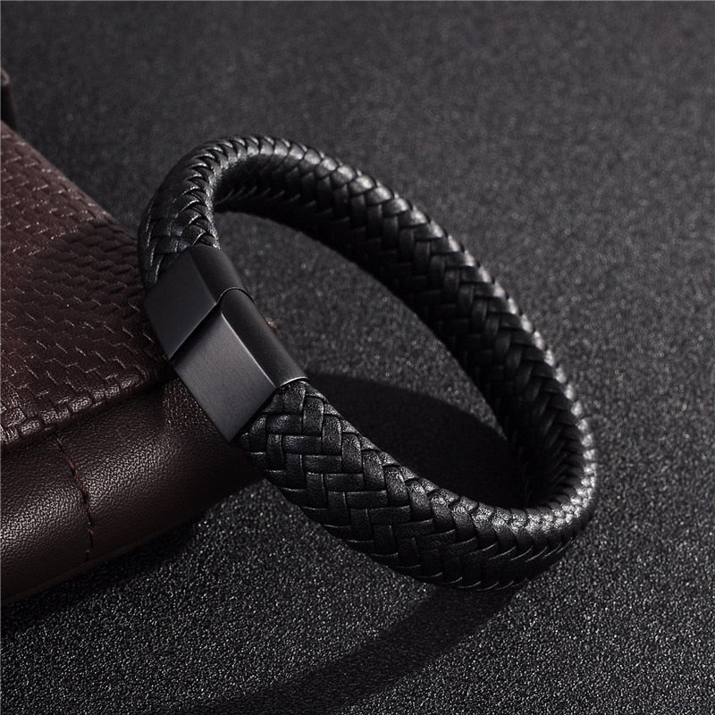 Men's Braided Leather Bracelet with Stainless Steel Magnetic Clasp