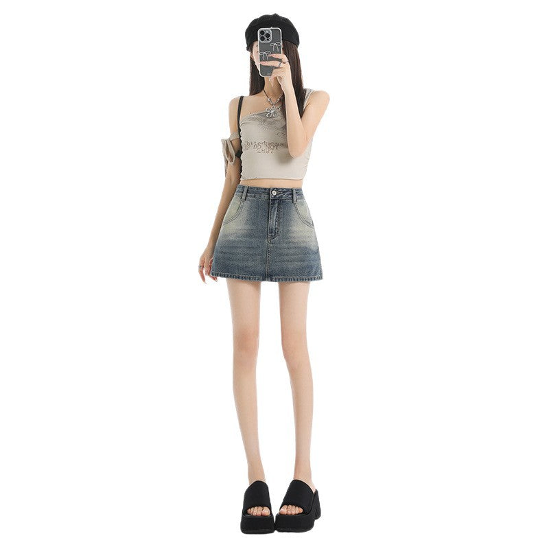 High-Waisted Vintage Denim A-Line Skirt for Women - Anti-See-Through Bodycon Short Skirt