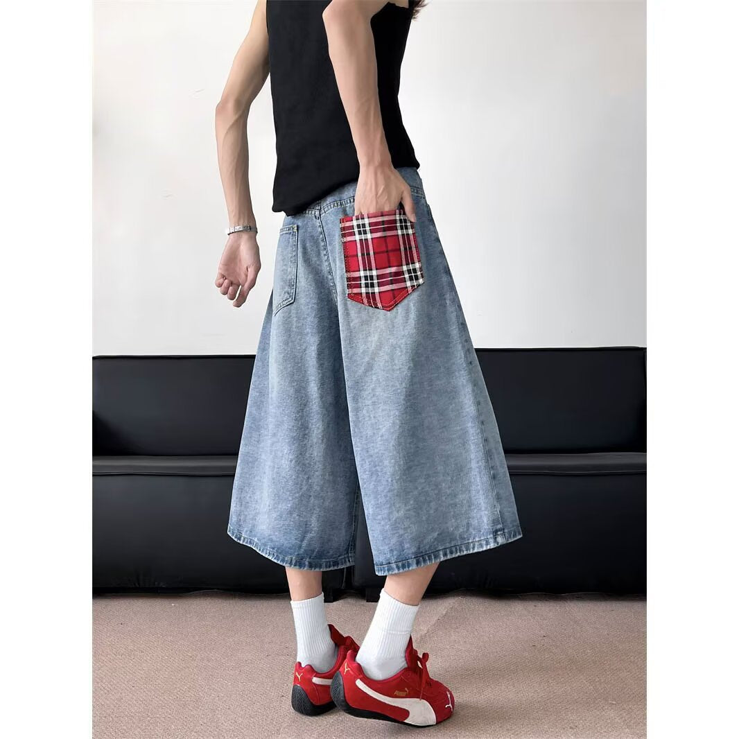 Grid Splicing Denim Seven Inch Loose Straight Tube Wide Leg Shorts