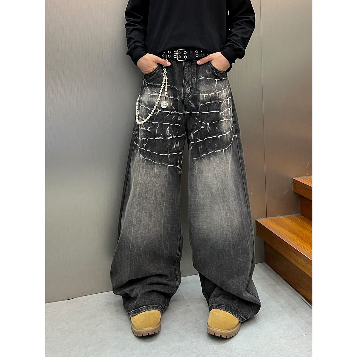 Wash and Tie Dye Denim Loose Wide Leg Pants