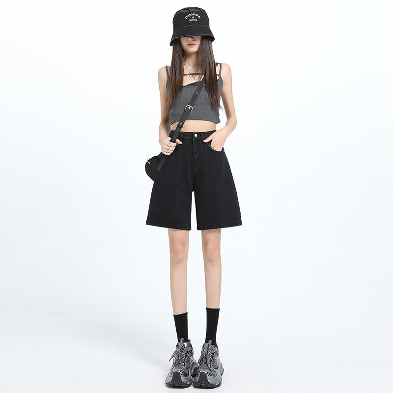 Women's Straight-Cut Mid-Length Denim Shorts with Elastic Waistband