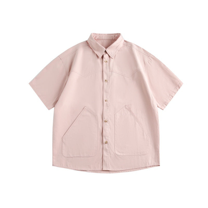 Solid Color Large Pocket Loose Short Sleeved Shirt for Men