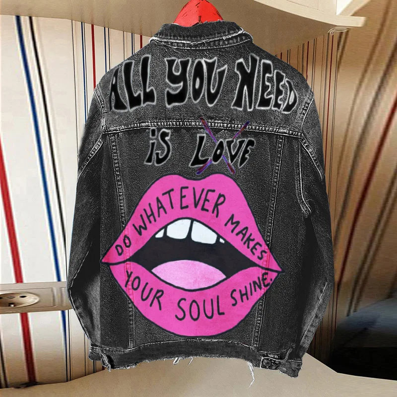 Women's Denim Jacket with Lip Print and Lapel