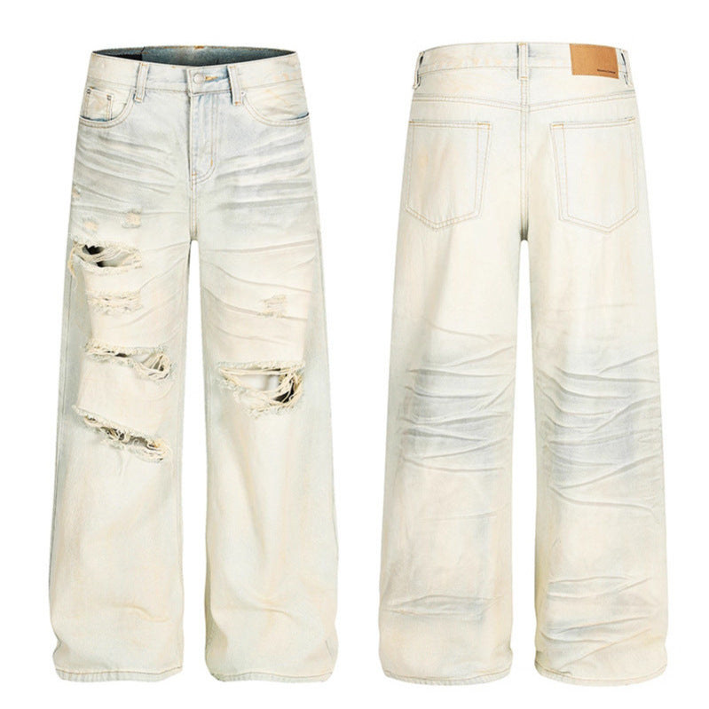 Dirty Dyed Ripped Denim Jeans - Mid Waist, Loose Fit