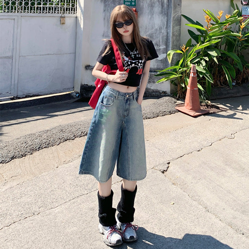 Women's Retro Washed Gradient High Waist Loose Slim Wide Leg Five-Point Shorts