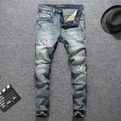 Japanese Designer Slim Fit Ripped Jeans for Men - High Quality Cotton