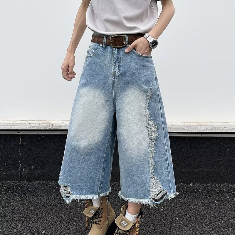 Premium Ripped Denim Straight Leg Cropped Pants