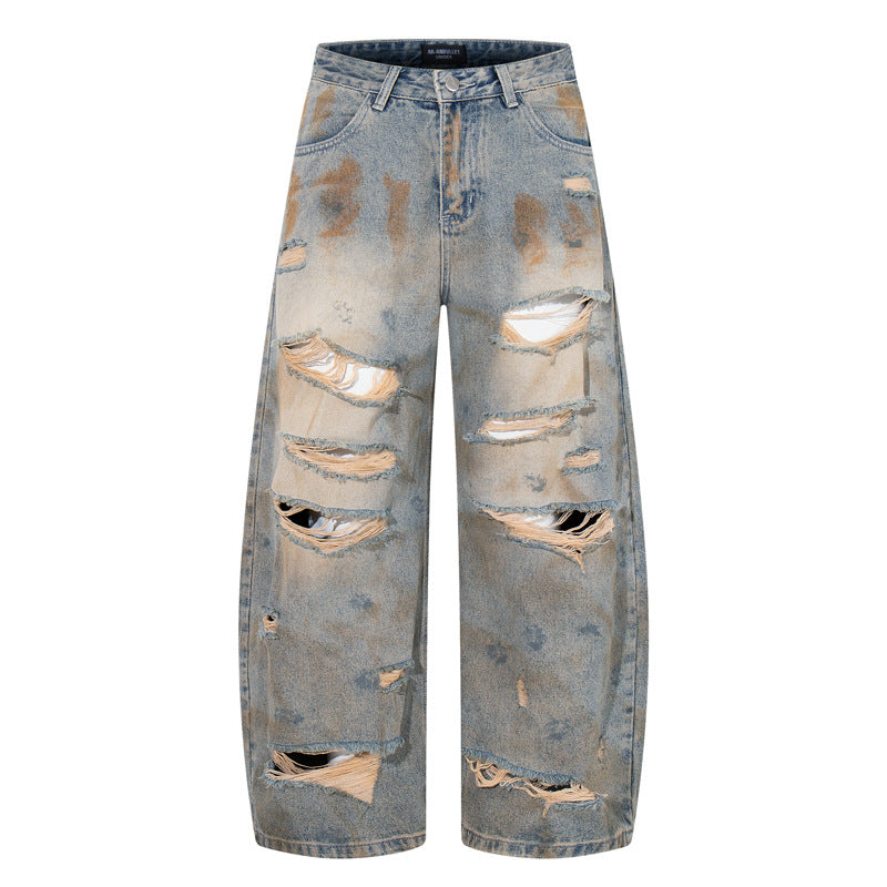 Knife-Shape Loose Straight Leg Distressed Jeans for Men