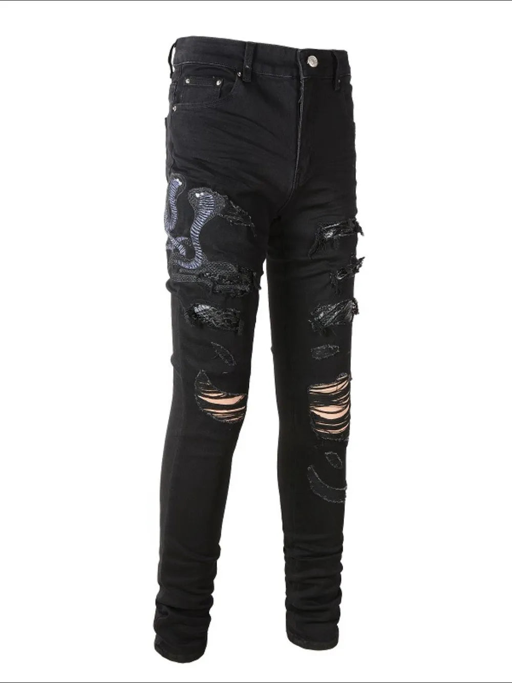 Men's Slim Fit Distressed Jeans with Snake Embroidery