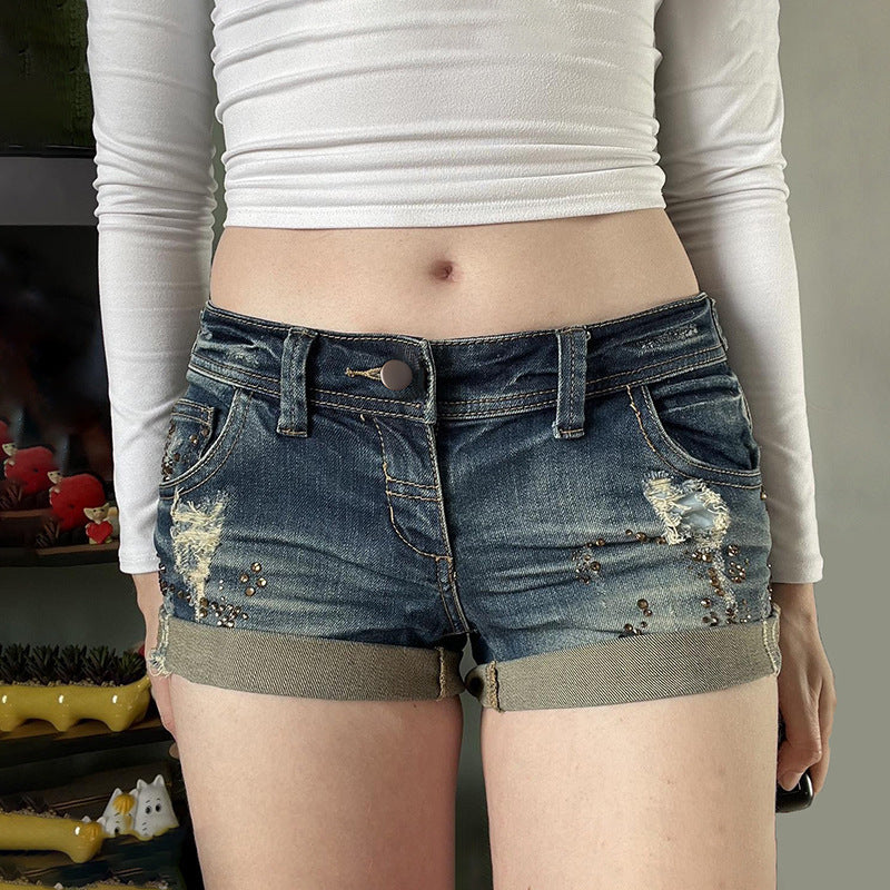 Hot Stamping Washed Retro Distressed Low Rise Denim Shorts