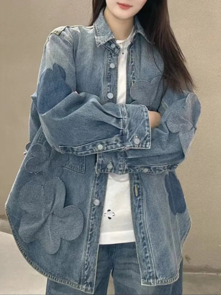 Elegant Floral Denim Jacket for Women - Loose Fit