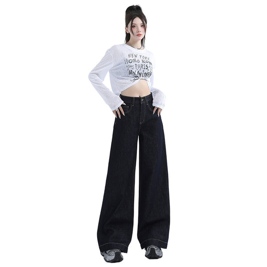 Deep Blue Wide-Leg Original Denim Pants for Women Vintage Straight Leg Floor-Length Jeans