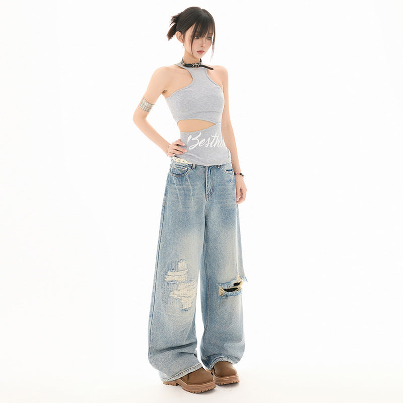 Women's Ripped Straight Leg Jeans - Washed Vintage Loose Wide Leg Pants