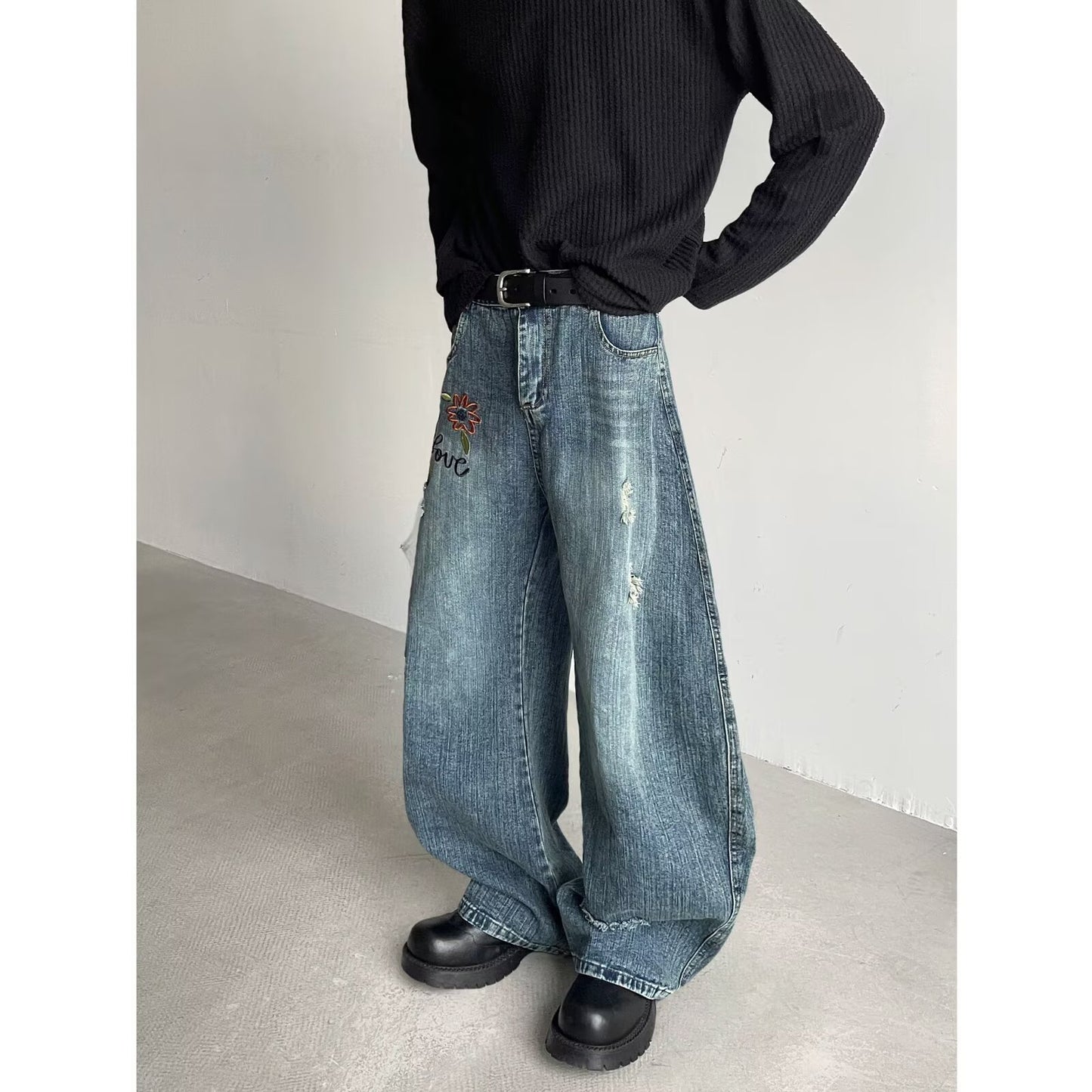 Flower Embroidery Curved Knife Denim Ripped Straight Tube Casual Pants