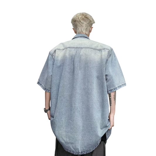 Washed Vintage Shoulder Padded Denim Shirt for Men