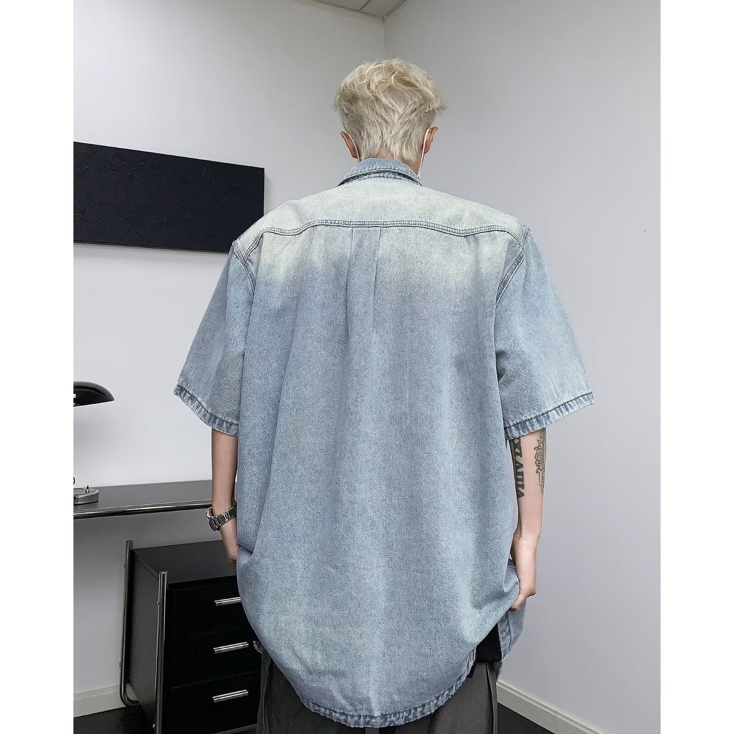 Washed Vintage Shoulder Padded Denim Shirt for Men