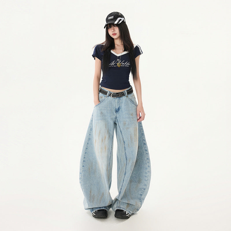 Dye-Effect Knife-Edge Denim Pants - Mid-Waist Patchwork Wide-Leg Floor-Length Pants