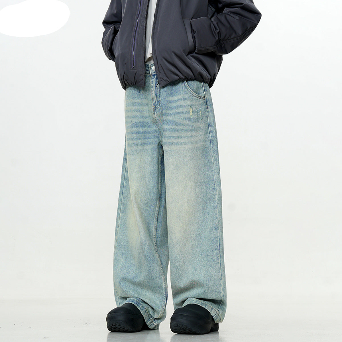 Washed Blue Straight Jeans - Retro Clean Fit Slimming Loose Casual Wide Leg Long Pants