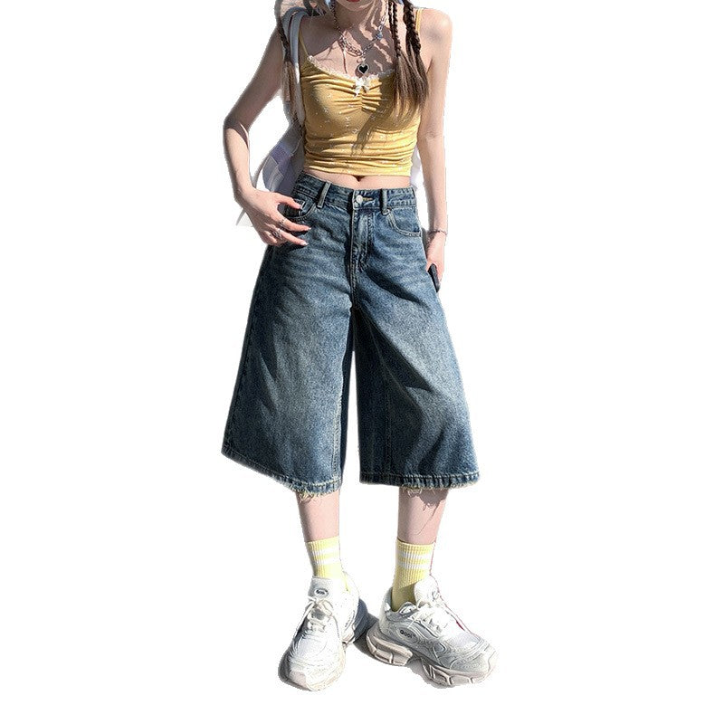 Trendy Retro High Street Wide-Leg Denim Shorts for Women