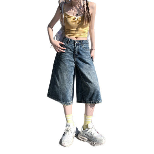 Trendy Retro High Street Wide-Leg Denim Shorts for Women