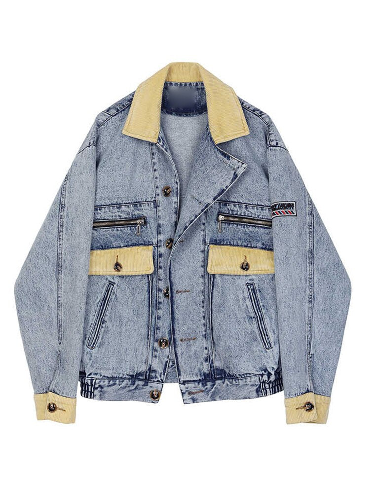 Retro Hong Kong Style Color Block Casual Single-Breasted Denim Jacket