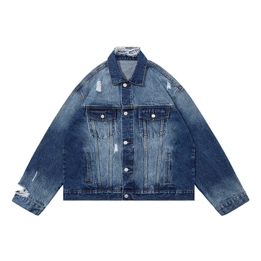 Washed Distressed Heavyweight Denim Jacket for Men