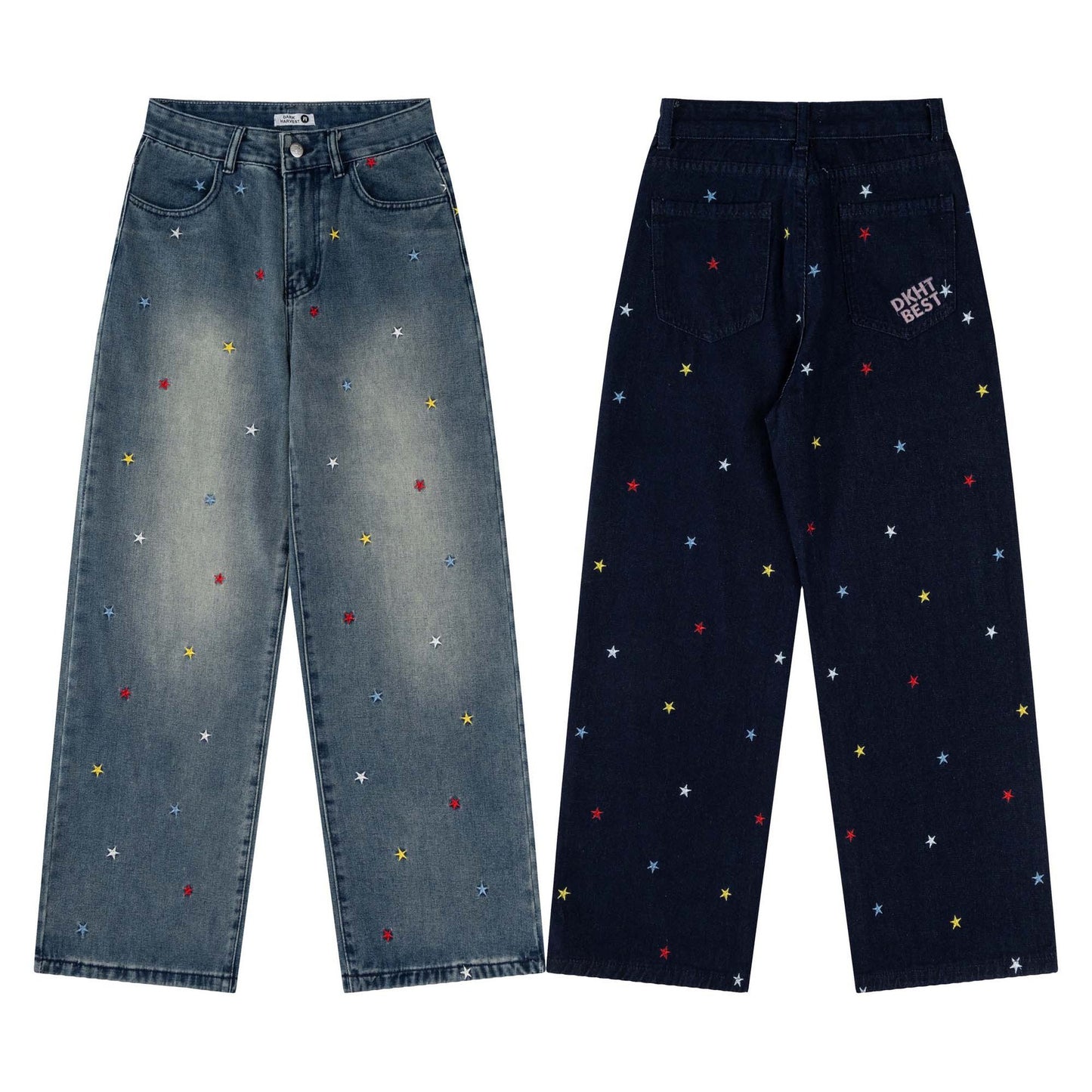 Retro Washed Star Letter Embroidered Denim Pants for Unisex