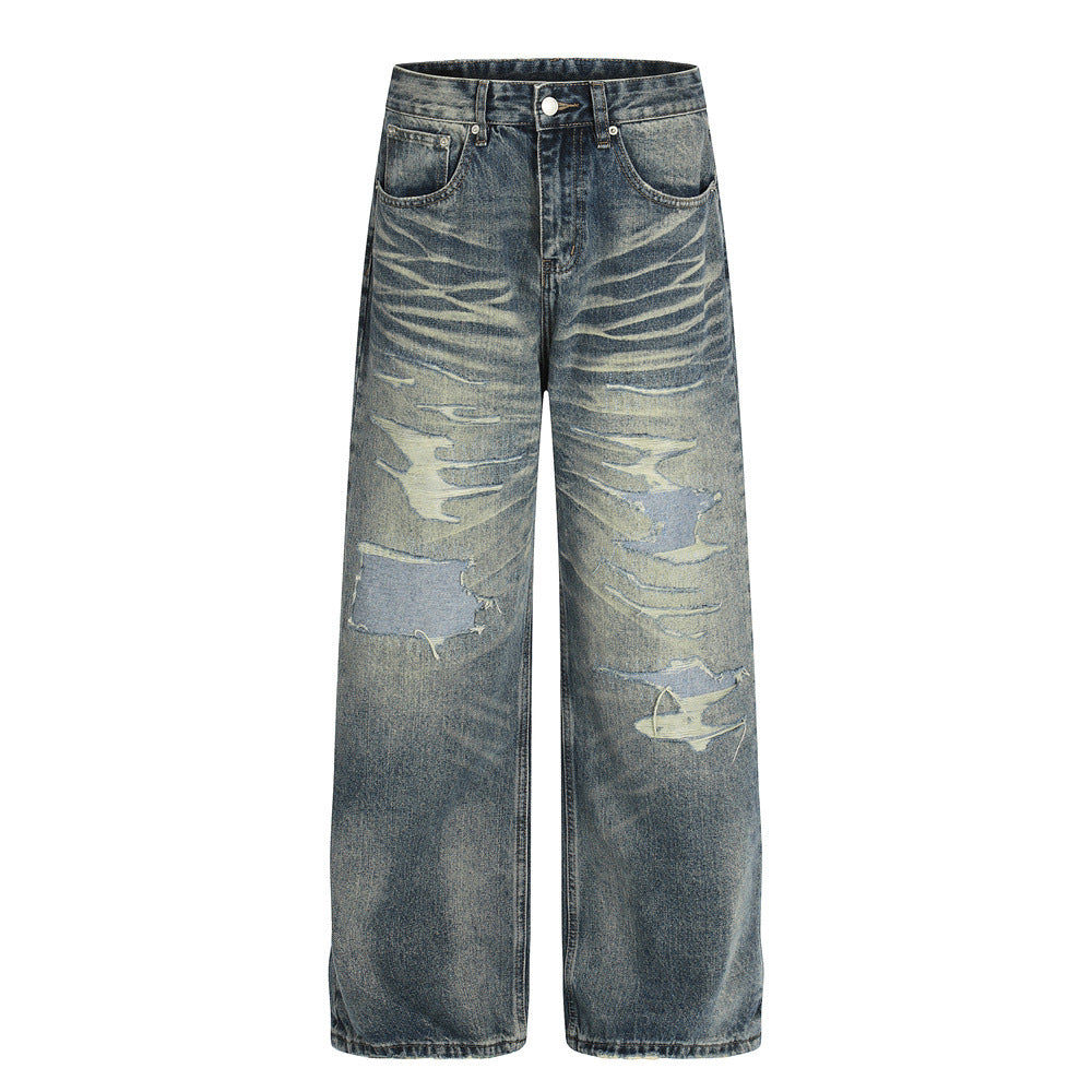Street Style Men's Denim Jeans, Tie-Dye Ripped Loose Fit Straight Leg Pants