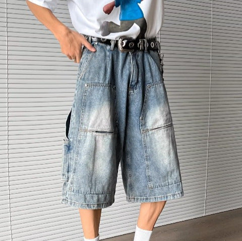 Stylish Multi Pocket Wide Leg Cropped Pants in Washed Blue Denim