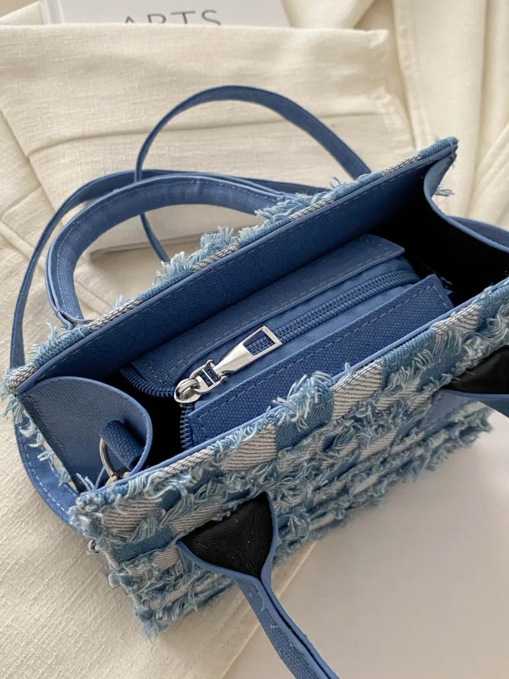 Handcrafted Checkered Denim Handbag with Raw Hem