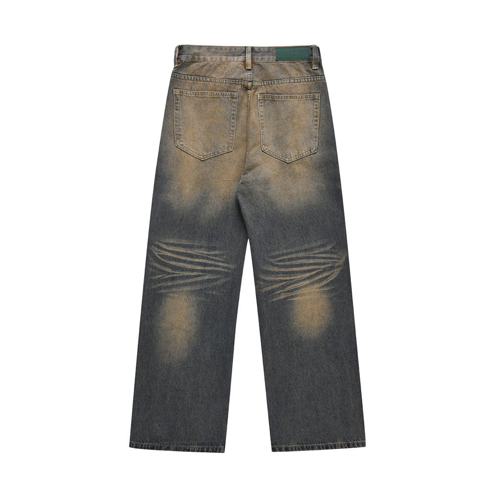 Dark Blue Color Washed Wide Leg Jeans With Contrast Details