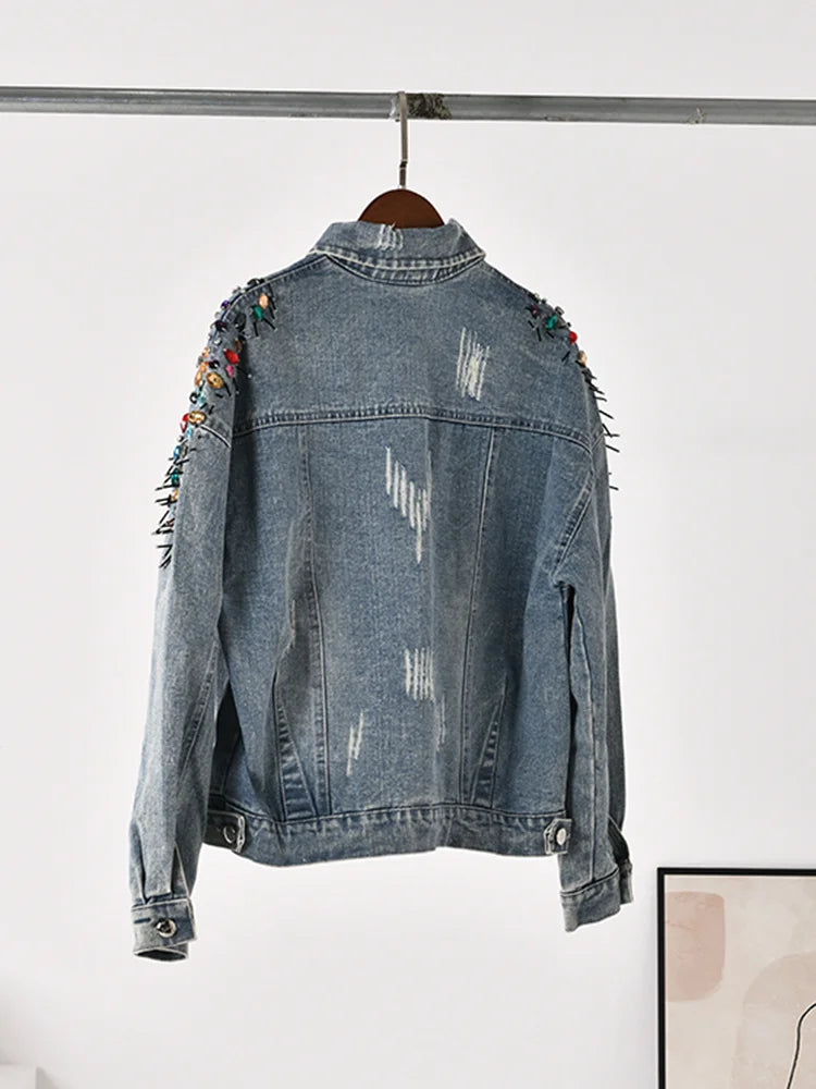 Long Sleeve Colorful Rivet Denim Jacket - Vintage Outwear