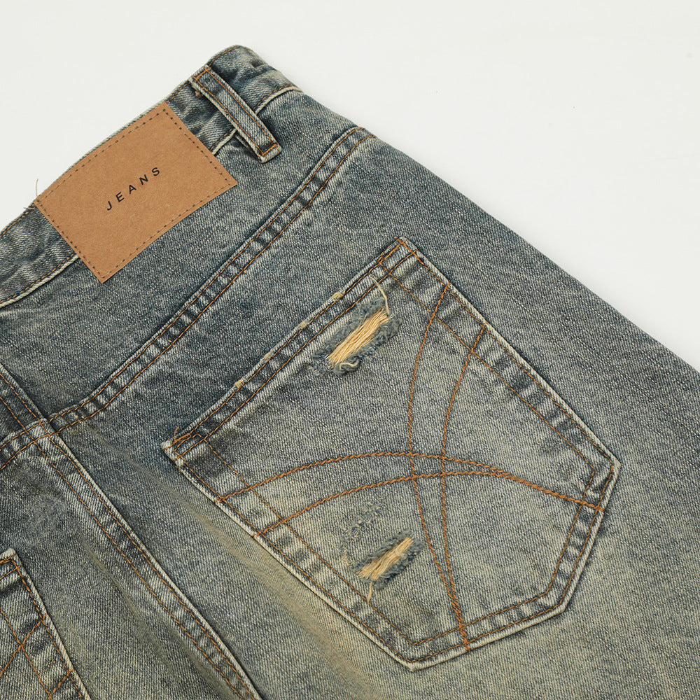 Washed Denim Straight Leg Pants With Holes In Blue For Casual Wear