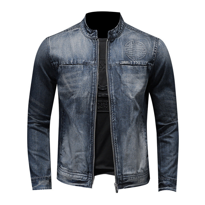 Men's Casual Zipper Washed Denim Jacket