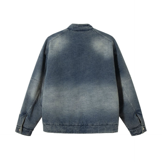 Men's Distressed Badge Denim Cotton Motorcycle Jacket, Stylish and Warm Outerwear