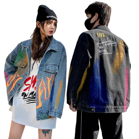 Harajuku Vintage Hand Painted Graffiti Print Denim Jacket