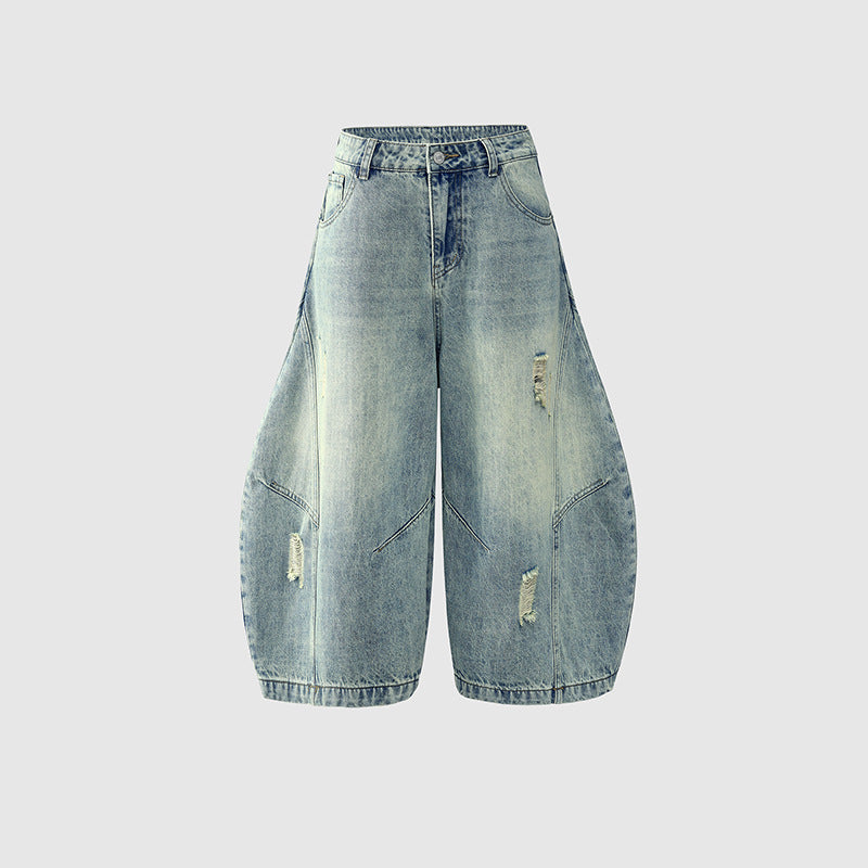 Women's Washed Baggy Hole Slant Leg Wide-Leg Three-Quarter Denim Pants for Couples