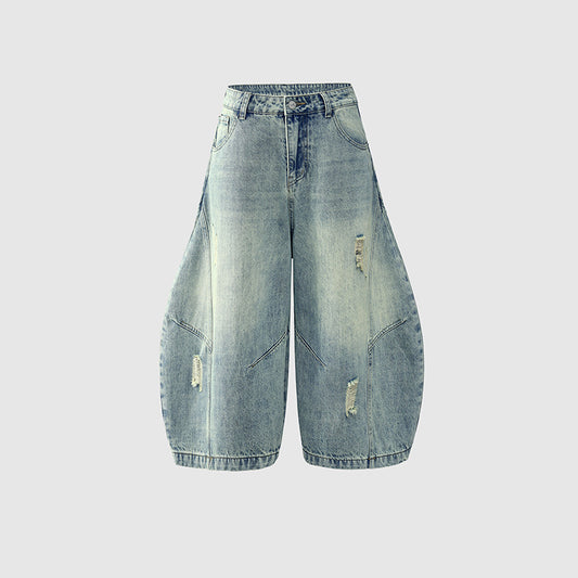 Women's Washed Baggy Hole Slant Leg Wide-Leg Three-Quarter Denim Pants for Couples