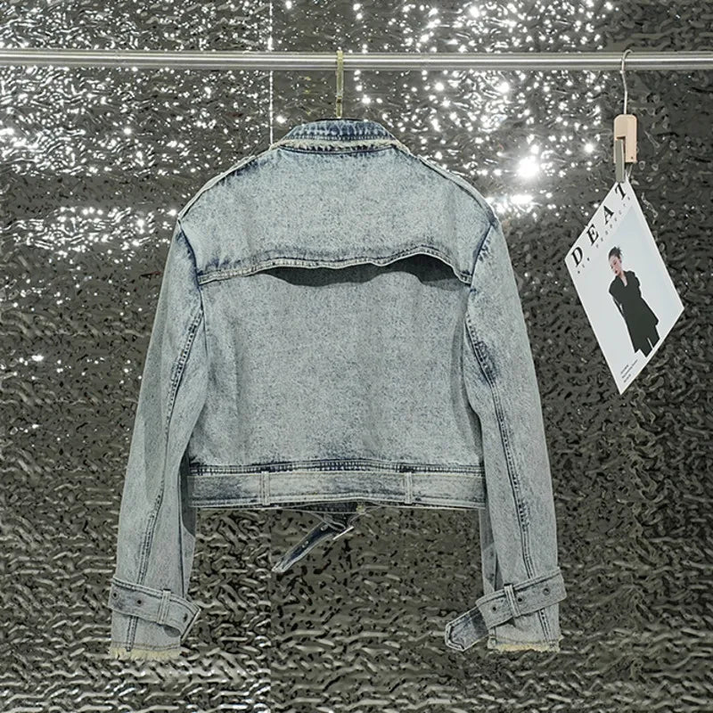 Women's Washed Denim Jacket with Fringes - Retro Casual Top